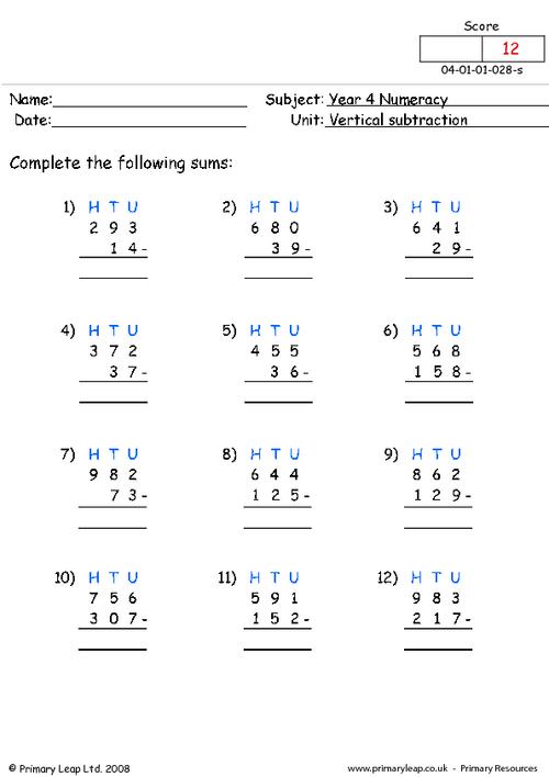 Numeracy Horizontal Subtraction Worksheet Uk 4481